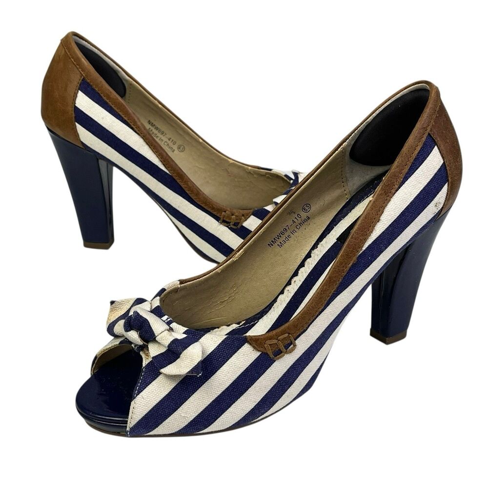 Naughty Monkey High Heel Shoes Womens Size 6.5 Blue Cream Striped Bow Open Toe